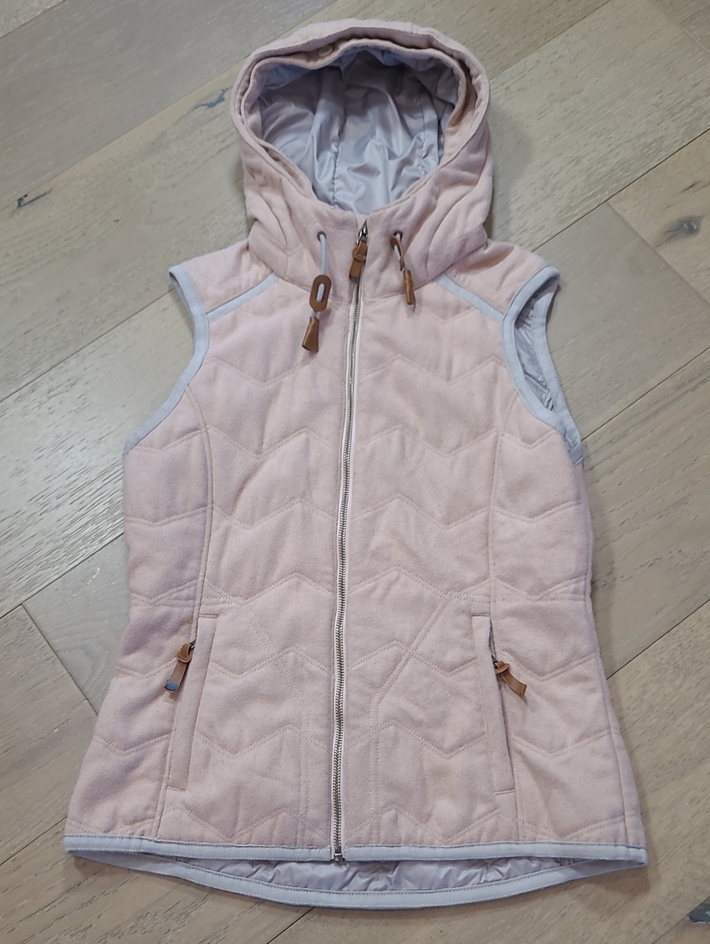 Prana Calla Vest Women's sz S Pink/Grey Quilted Full Zip Hooded Vest